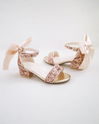 Rock Glitter Low Block Heel Girls Sandals with Back Satin Bow