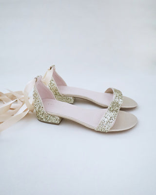 Gold Rock Glitter Low Block Heel Ballerina Bridal Sandals
