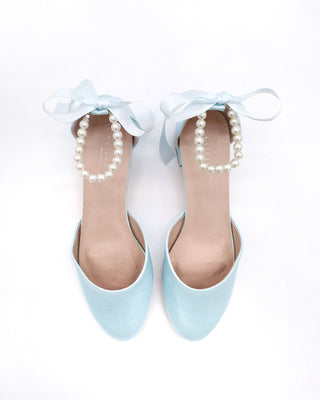 Round Toe Satin Block Heel with All Pearls Ankle Straps