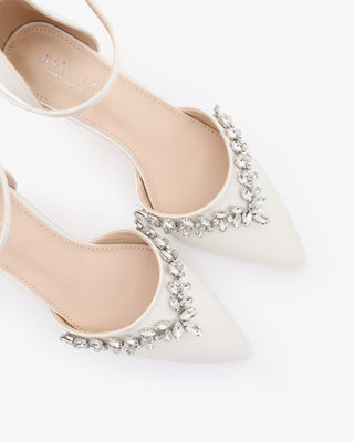 Ivory satin pointy toe kitten low heels with starlet rhinestone embellishments, elegant bridal or special occasion shoes