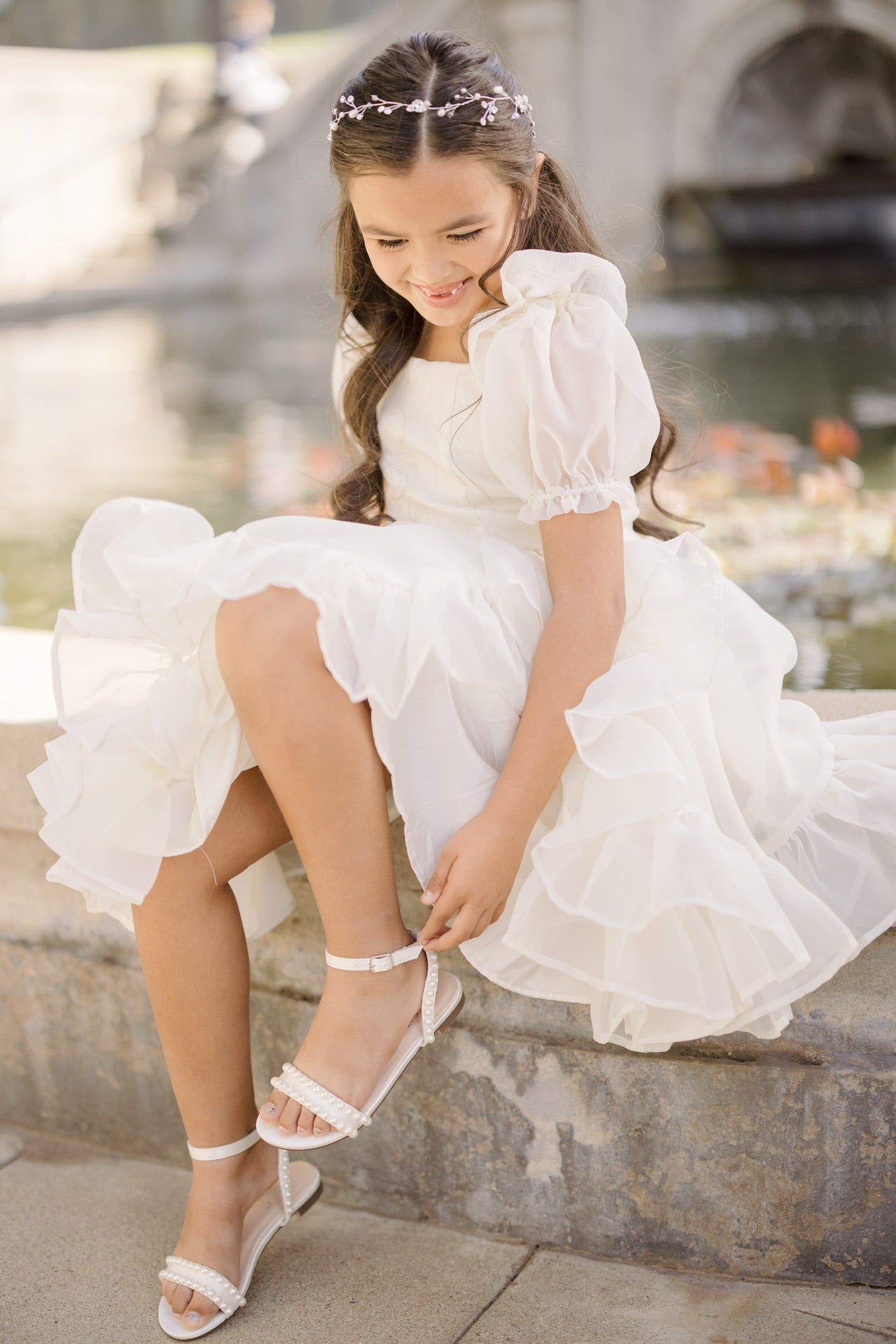 Girls Satin Flat Sandal with Pearls and Ankle Strap Girls Satin Flat Sandal with Pearls and Ankle Strap