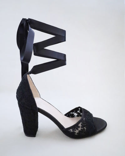 black crochet lace block heels bridal sandals