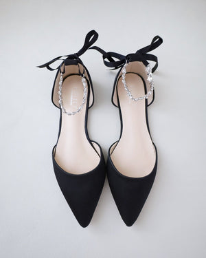 Satin Pointy Toe Evening Flats with Amaryllis Strap
