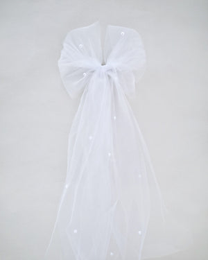 Long Oversized Tulle Bow Hair Barrette with Scattered Pearls
