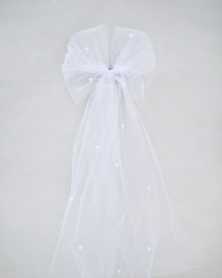 Long Oversized Tulle Bow Hair Barrette with Scattered Pearls