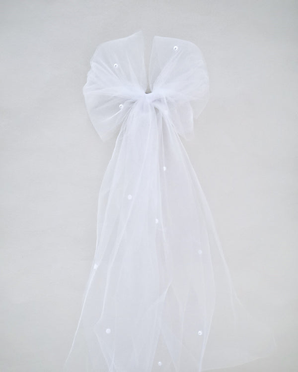 Long Oversized Tulle Bow Hair Barrette with Scattered Pearls