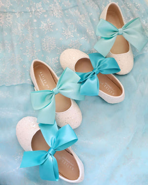 White Rock Glitter Mary Jane with Aqua Blue Or Teal Satin Bow