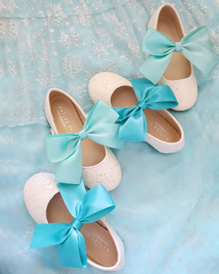 White Rock Glitter Mary Jane with Aqua Blue Or Teal Satin Bow