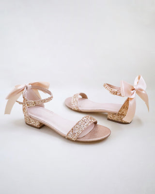 Rose Gold Glitter Low Heel Wedding Sandals with Satin Back Bow