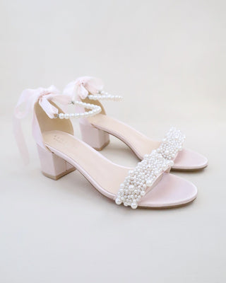 Satin Block Heel Evening Sandals with Perla Applique