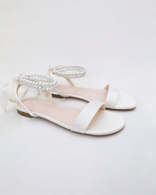 Ivory Satin Wedding Flat Sandal with Double Pearls Strap