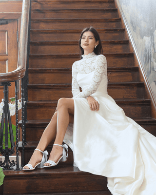 Crochet Lace Block Heel Wedding Sandals with Back Satin Bow