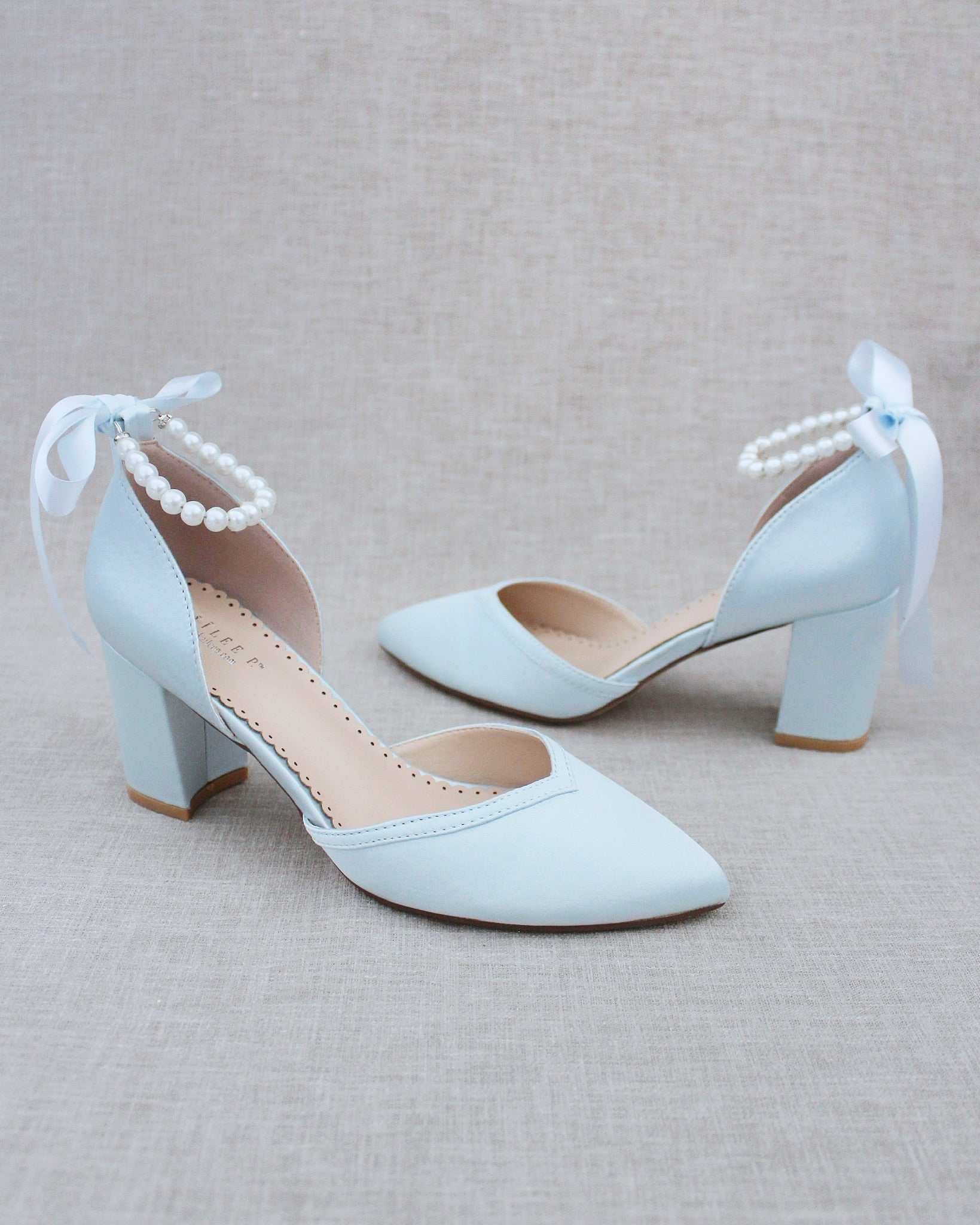 Satin Almond Toe Block Heel with Pearls Ankle Strap Wedding