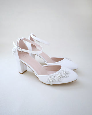 Satin Wedding Block Heel with Rhinestones Chassia Flower
