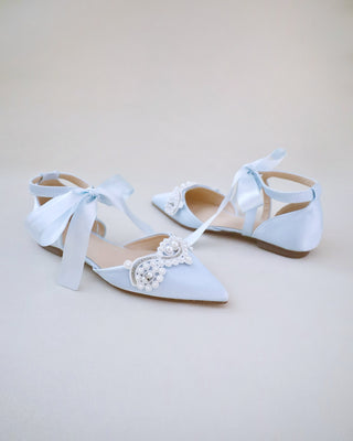 Satin Pointy Toe Flats with Small Pearls Applique Embellishment