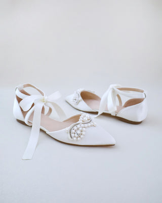 Satin Pointy Toe Flats with Small Pearls Applique Embellishment
