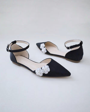 Satin Pointy Toe Evening Flats with Rhinestones Chassia Flower