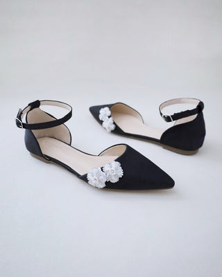 Black Bridesmaids Satin Flats with Rhinestones Chassia Flower