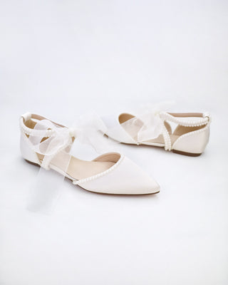 Satin Pointy Toe Flats with Mini Pearls and Chiffon Ribbon Tie
