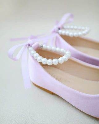 lavender satin girls flat with pearls strap