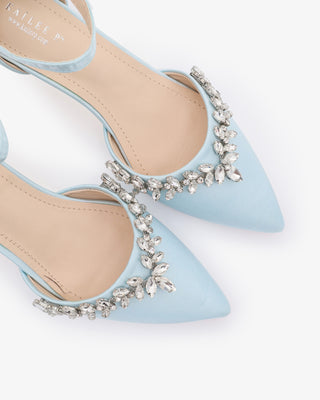Light Blue Satin Pointy Toe Flats Wedding Shoes with Starlet Rhinestones Embellishments