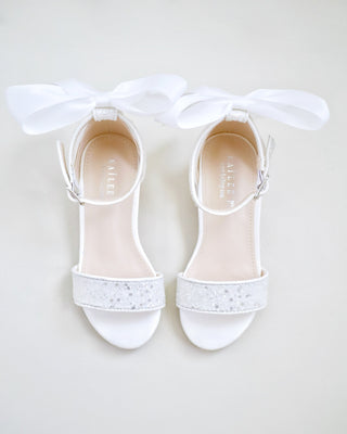 White Glitter Low Block Heel with Satin Back Bow
