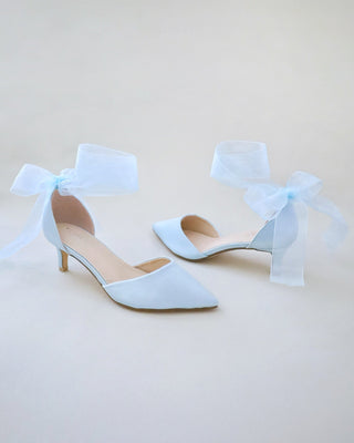 Satin Pointy Toe Kitten Low Heel with Wrapped Ankle TieWomen Shoes