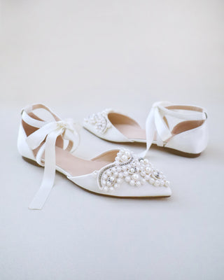 Satin Pointy Toe Flats with Oversized Pearls Applique