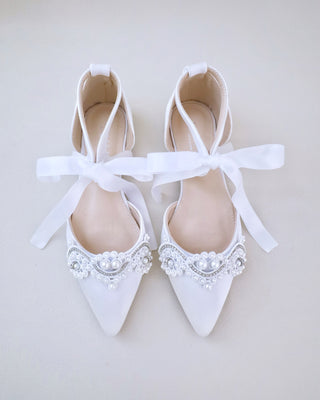 Satin Pointy Toe Flats with Small Pearls Applique Embellishment