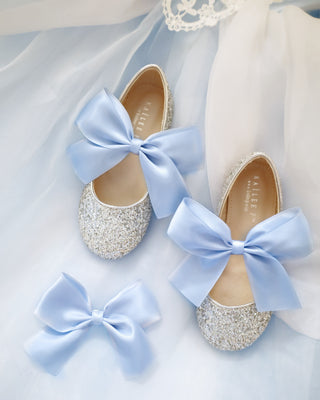 Silver Rock Glitter Mary Jane with Dusty Blue Satin Bow