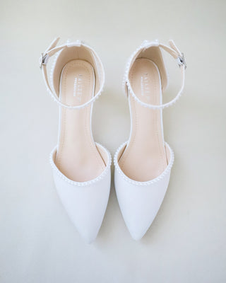 White Satin Pointy Toe Low Heels with Mini Pearls