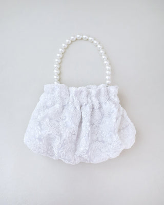 white crochet lace flower girl pouch