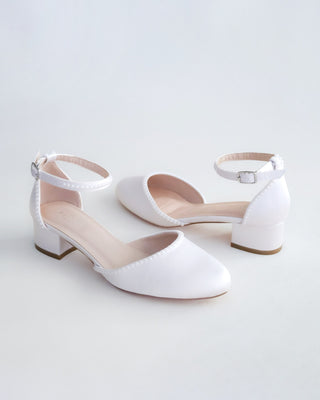 Round Toe Satin Block Heel with Mini Pearls