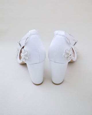 Satin Wedding Block Heel with Rhinestones Chassia Flower