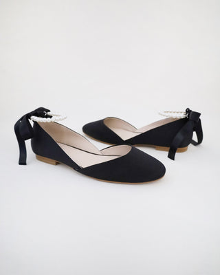 Black Satin Round Toe Evening Flat with All Pearl Ankle Strap