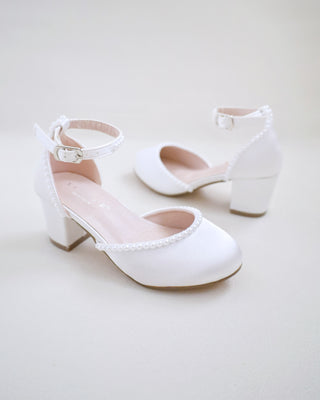 Satin Girls Block Heel with Mini Pearls