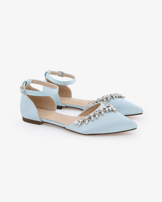 Light Blue Satin Pointy Toe Flats Wedding Shoes with Starlet Rhinestones Embellishments