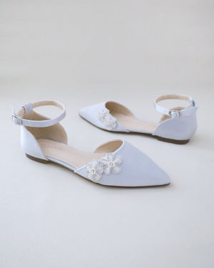 Satin Pointy Toe Evening Flats with Rhinestones Chassia Flower