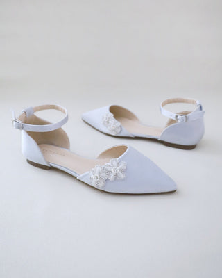 Silver Bridesmaids Satin Flats with Rhinestones Chassia Flower