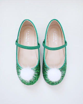 Rock Glitter Mary Jane Ballet Flats with White Faux Fur Puff