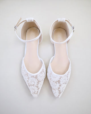 white crochet lace bridal flats