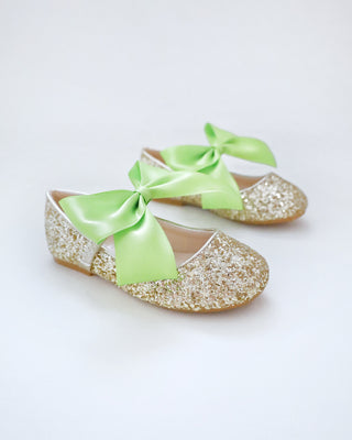 Gold Rock Glitter Mary Jane with Apple Green Satin Bow