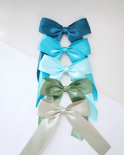 green satin long tail hair bow for girls