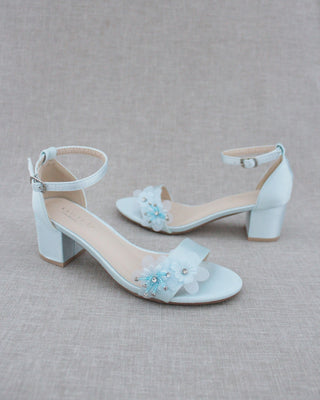 Satin Block Heel Wedding Sandals with Flower Appliques