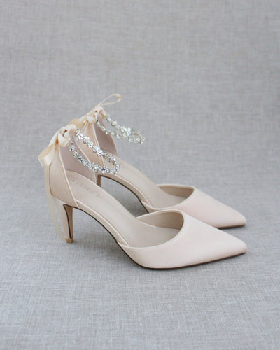 champagne satin bridal heels with crystal strap