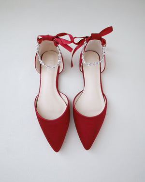 Satin Pointy Toe Evening Flats with Amaryllis Strap