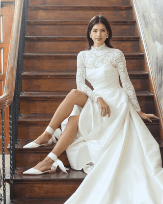 Satin Pointy Toe Bridal Flats with Ribbon Tie or Pearls Strap