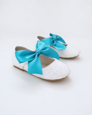 White Rock Glitter Mary Jane with Aqua Blue Or Teal Satin Bow