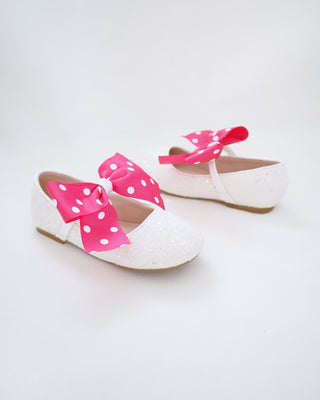 White Rock Glitter Mary Jane Flats with Fuchsia Polka Dot Grosgrain Bow