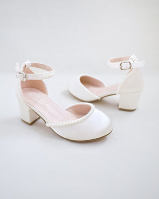 Ivory Satin Block Heels with Mini Pearls for Girls